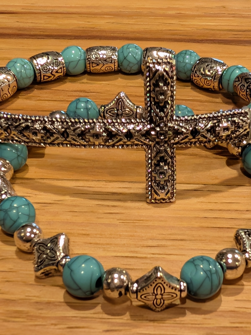 Source Unknown Turquoise and Silver Cross Stretch Bracelet Set